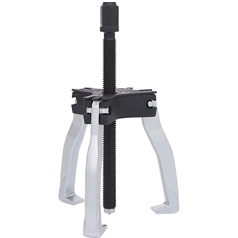 Dreibeiniger Abzieher, Metallkonstruktion, schwarze Gewindespindel, silbergraue Beine.